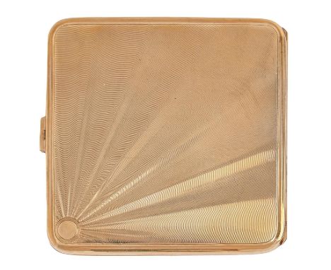 A George V 9ct gold cigarette case, engine turned with rays, 80 x 80mm, by J H Wynn, Birmingham 1930, 82.7g Good condition, i