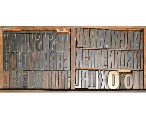 British Letterpress Printing. A case of wood type, (woodletter) first half 20th c,&nbsp;including 'A' with manufacturer's sta