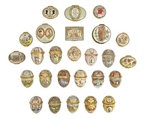 A collection of Halcyon Days enamel boxes and eggs, late 20th c, many commemorative, various sizes (25) Good condition