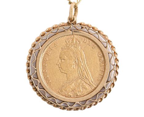 Gold coin. Half sovereign 1892, mounted in 9ct gold pendant, on 9ct gold necklet, 8.9g Good condition