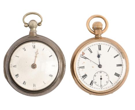 An English pair cased silver verge watch, Thos Crawshaw Rotherham No 1793, with enamel dial and flat centred glass, 53mm diam