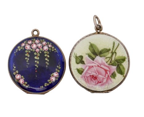 Two silver and enamel lockets, early 20th c, painted with roses, on a blue or pale green guilloche ground, 31mm diam, 25g Gre