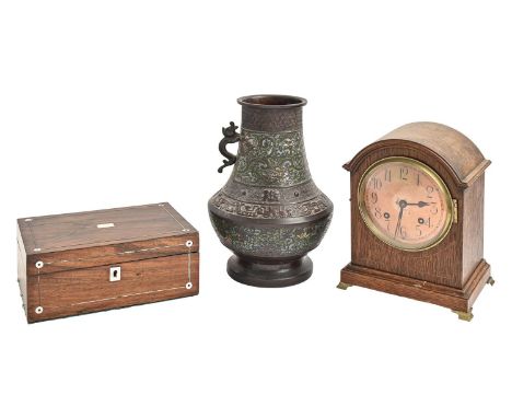 A Japanese bronze and champleve enamel vase, Meiji period, of archaic form, 30cm h, an oak mantle clock on brass feet and a V