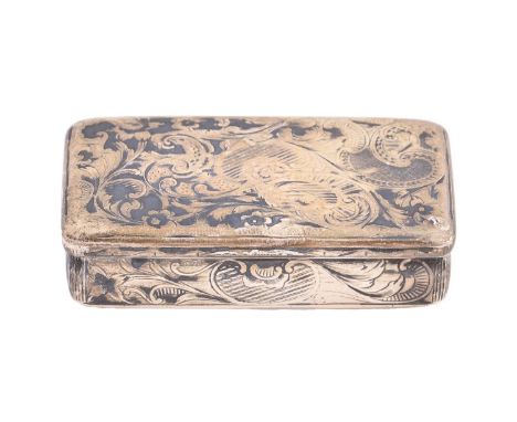 A Russian niello snuff box, decorated with scrolling foliage, 78mm l, maker H M, Moscow 1843, 2ozs 14dwts Wear consistent wit
