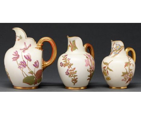 Three Royal Worcester jugs, 1889 and 1892, printed and painted with naturalistic flowers on an ivory ground, 12-.5-15.5cm h, 