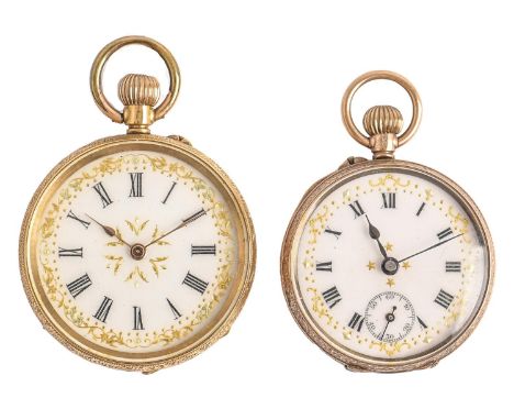 A Swiss 9ct gold keyless lever lady's watch, with enamel dial, gold cuvette, 30mm diam, import marked London, date letter poo