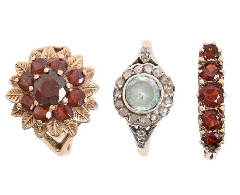 Three gold rings, variously gem set, 8.8g, size M and N All with light wear