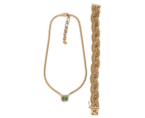 Costume jewellery. Christian Dior - A gold plated plaited bracelet and a paste pendant on integral necklet Good condition