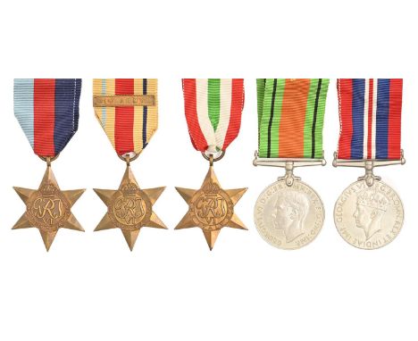 WWII, five, 1939-1945 Star, Africa Star, First Army Clasp, Italy Star, Defence Medal and War Medal 