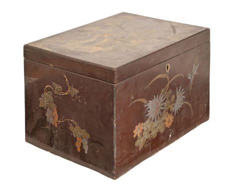A Japanese brown lacquer table-top box,&nbsp;Taishō/Shōwa period, 18.5cm h, a pair of Chinese softwood carvings of grotesques