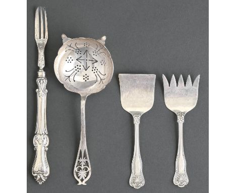 An Elizabeth II saw pierced silver tea strainer, by Viners Ltd, Sheffield 1956, a pair of silver sardine servers and a Victor