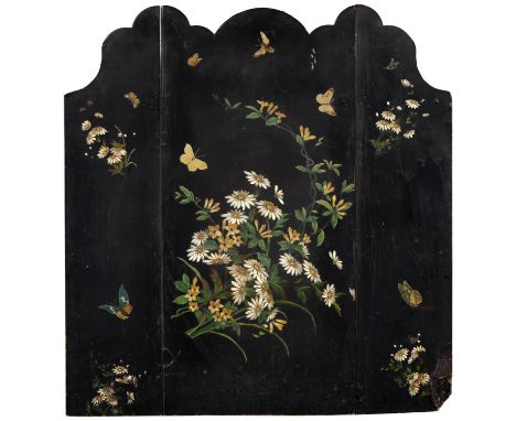 A 19th c black&nbsp;papier-mâché triptych panel,&nbsp;decorated with summer flowers and butterflies, shaped cresting, 62cm h,