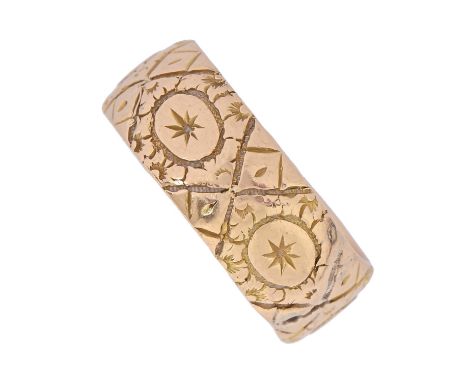 An Edwardian 18ct gold wedding band, with engraved decoration, Birmingham 1903, 8.4g, size O Light wear; inner surface engrav