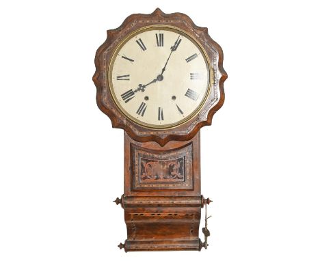 A trunk dial wall clock, c1900, with painted dial and inlaid with straw work bands, pendulum, 76cm h Requires some cosmetic r