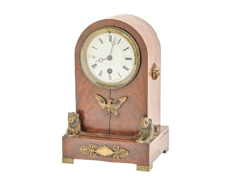 A Biedermeier mahogany mantel timepiece, c. 1825,&nbsp;white enamel convex dial with Roman numerals, single winding hole, arc