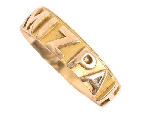 A gold MIZPAH ring, late 19th c, apparently unmarked, 2.9g, size O Wear and slight split just visible under magnifcation