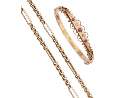 An Edwardian synthetic ruby and chip diamond bangle, in 9ct gold, distorted, Chester 1906 and a 9ct gold necklace, import mar