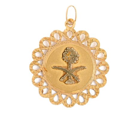 A gold pendant, with the emblem of Saudi Arabia, 35mm diam, marked 750, 7.3g Good condition, the plain reverse engraved with 