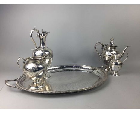 VICTORIAN PLATED FOUR PIECE TEA AND COFFEE SERVICE,engraved initials, along with an oval double handled tea tray with present
