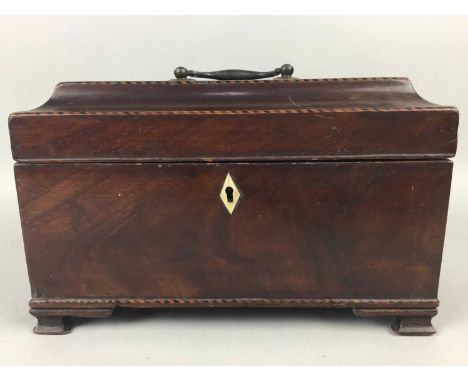 19TH CENTURY MAHOGANY TEA CADDY,24cm wide, along with a collection of vintage bottle stoppers