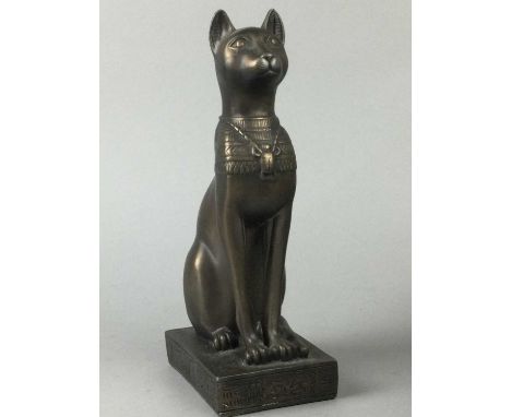 THREE VINTAGE PAPERWEIGHTS, along with an Egyptian style cat, a bust and other items