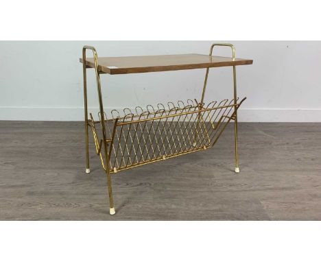 RETRO SIDE TABLE,with brass magazine rack undertier, 53cm wide, along with other items including a single chair, brass glass 