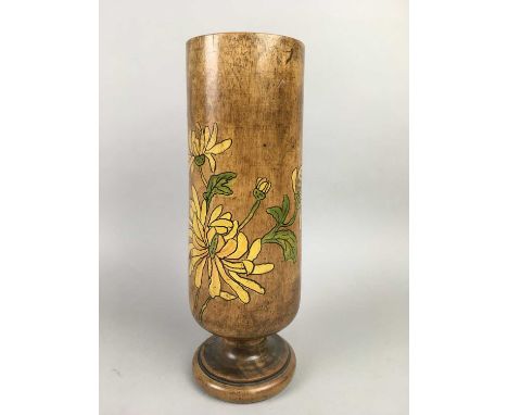 PAIR OF RETRO WOOD CANDLE STANDS, with floral decoration, 28cm high, along with a ceramic vase (3)