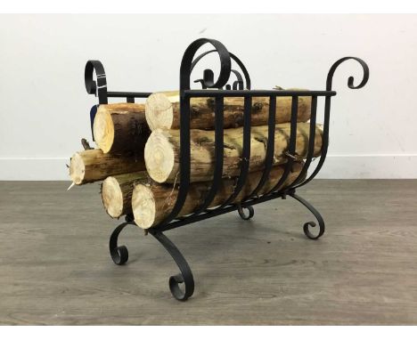 TWO MODERN LOG GRATES,containing logs, along with a modern firescreen and coal bucket