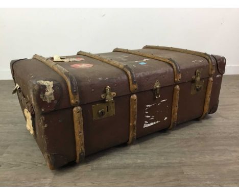EARLY 20TH CENTURY TRAVEL TRUNK, 93cm wide, along with two other similar trunks, a metal deed box and a leather suitcase (5)