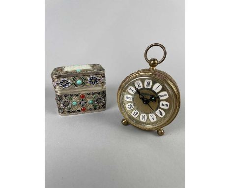 CHINESE JEWELLED ENAMELLED RECTANGULAR BOX,7cm wide, along with a barbola dressing mirror, two clocks, a sand timer, three pe