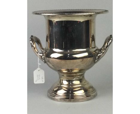 SILVER PLATED WINE COOLER, along with other plated items, including a three piece tea service, ladle and serving tray