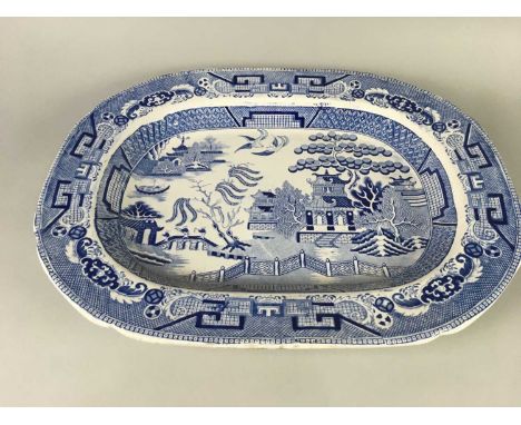 VICTORIAN BLUE AND WHITE ASHET,45cm wide, along with a Chinese hexagonal planter, circular plaque and various other blue and 