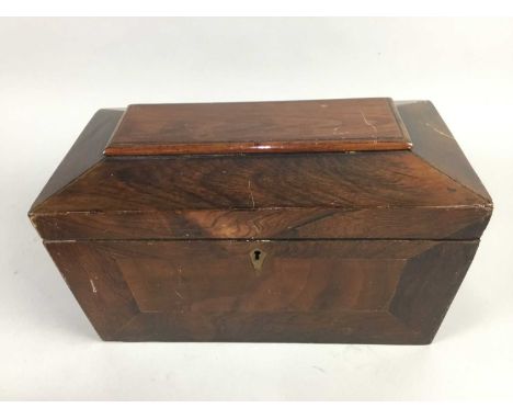VICTORIAN MAHOGANY TEA CADDY,30cm wide, along with a metal storage tin, Kodak and another camera (4)