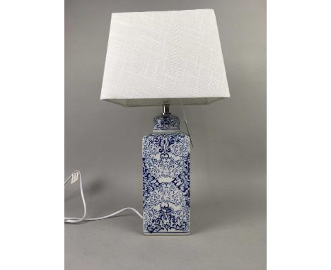PAIR OF BLUE AND WHITE CERAMIC TABLE LAMPS, with white shades, 46cm high overallCondition report: No noticeable chips or crac