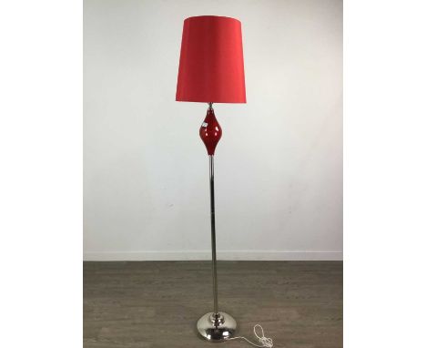 MODERN STANDARD LAMP,in chrome and red, with red fabric shade