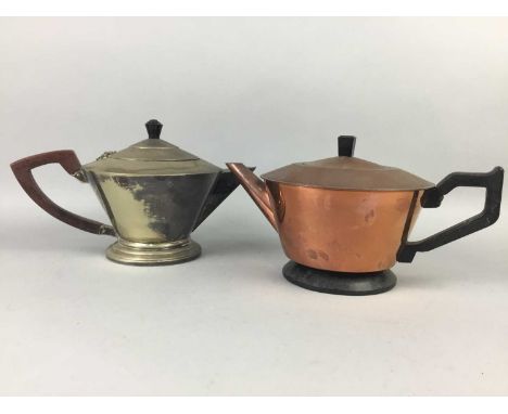 ART DECO SILVER PLATED FOUR PIECE TEA SERVICE,along with two further Art Deco plated pots and a copper pot, also a set of six