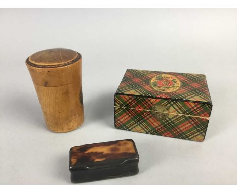 MAUCHLINE 'VICTORIA' TARTANWARE BOX,commemorating the Queen's Jubilee in 1897, 9cm wide, along with a Mauchline lidded shot g