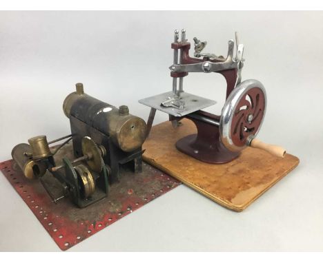 VINTAGE STEAM MODEL STATIONARY ENGINE,22cm wide, along with a vintage toy sewing machine and a Coplands hat box with hats