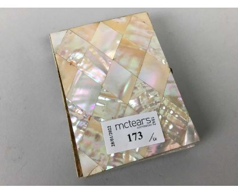 MOTHER OF PEARL CARD CASE,along with a crystal desk weight and two vintage boxes (4)