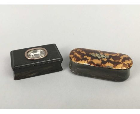 TWO 19TH CENTURY TORTOISESHELL SNUFF BOXES,along with another snuff box and a punch pipe