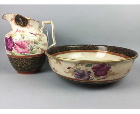 LATE VICTORIAN TOILET EWER AND BASIN,the ewer 28cm high, along with a Wedgwood circular plate (3)