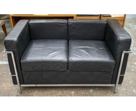 AFTER LE CORBUSIER LC 2 STYLE SOFA, 70cm H x 130cm x 70cm, black leather, two seater. 