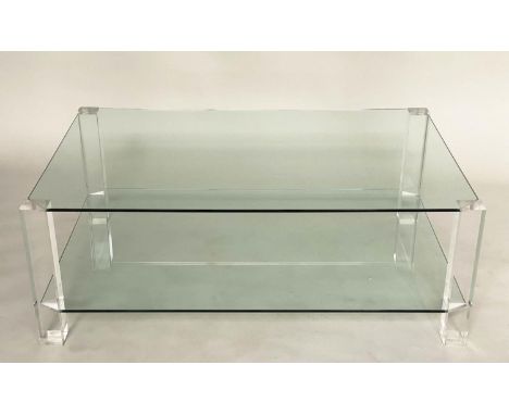 LOW TABLE, contemporary rectangular with canted corner, two tier glass with lucite corner supports, 11cm W x 71cm D x 40cm H.