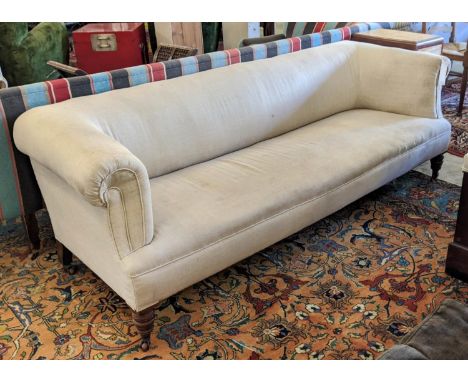 CHESTERFIELD SOFA, Victorian, upholstered in linen with horse hair stuffing on turned supports with castors, 71cm x 68cm H x 