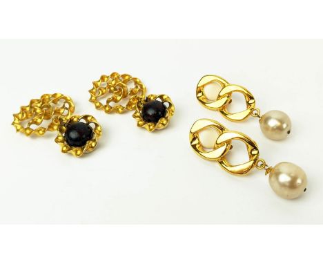 CHANEL EARRINGS, a pair, simulated pearl drop type, gilt metal chain link bodies, 47.26 grams, together with a pair of Chanel