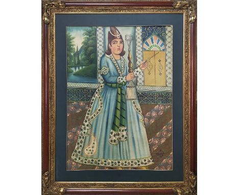 QAJAR SCHOOL, 'Portrait of a Figure', water colour, 103cm x 74cm, framed. 
