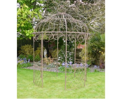 ARCHITECTURAL GARDEN PERGOLA, 300cm high, 225cm diameter, Regency style, rust oxidated metal. 
