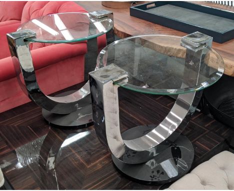 SIDE TABLES, a pair, polished metal and lacquered supports, bevelled glass tops, 67cm x 56cm x 62cm. (2) 