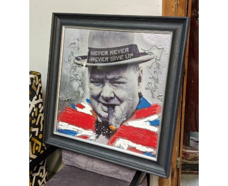 CONTEMPORARY SCHOOL, portrait of Churchill, photo print, with relief detail, framed 86cm x 86cm. 