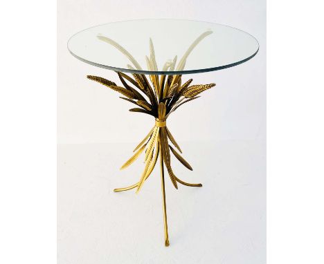 MAISON JANSEN STYLE TABLE, 67cm H x 47cm diam., glass top, gilt metal wheat sheaf base. 